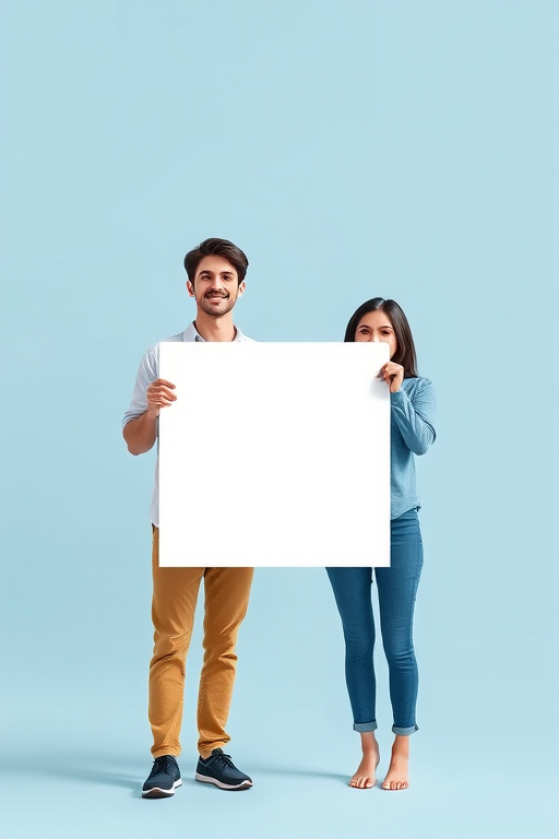 Create an illustration of a man and woman holding a blank white poster, standing against a soft blue background, using a high-resolution digital camera with a 50mm lens, aperture f/2.8, ISO 100, and a shallow depth of field for enhanced focus on the subjects.