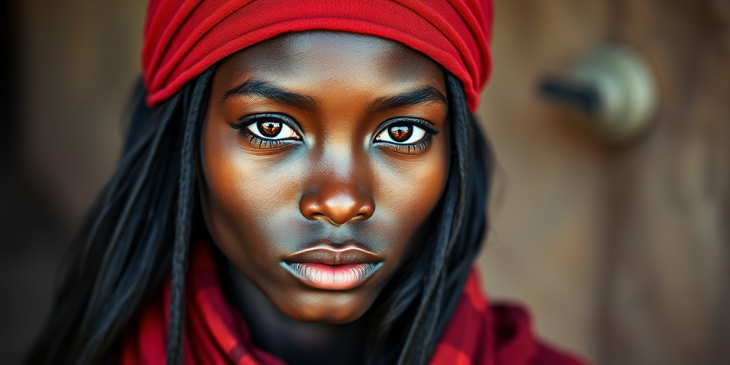 Create a portrait of a young Zulu woman with long, dark hair and captivating hazel eyes. She is wearing a red headscarf and a matching scarf draped gracefully around her neck. The background is softly blurred, focusing attention on her serene and natural expression. The overall color palette is muted and warm, enhancing the intimate and authentic feel of the portrait.