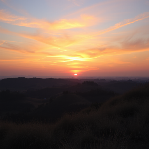 Create a high-resolution image of a serene landscape at sunset, capturing vibrant colors in the sky, with a wide-angle view using a DSLR camera at f/8, ISO 100, and a shutter speed of 1/200 seconds for optimal clarity and depth.