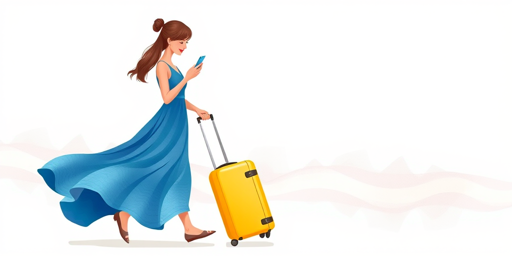 Create an illustration of a woman in a flowing blue dress walking with a yellow suitcase, looking at her phone, set against a soft watercolor background with gentle wave patterns, using a Canon EOS R5 camera, with a 50mm f/1.2 lens, aperture set to f/2.8, 1/200s shutter speed, and ISO 100 for enhanced clarity and vibrant colors.
