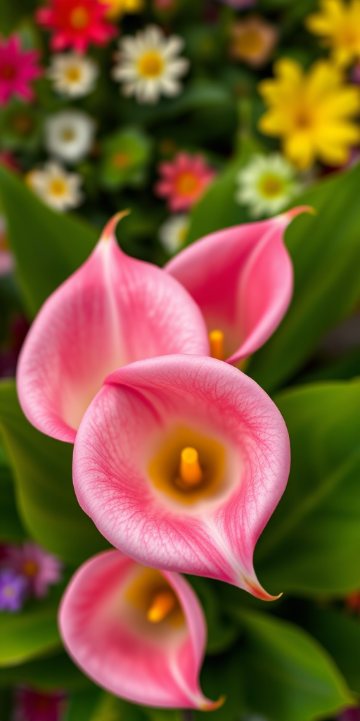 Close-up shot of vibrant calla lilies with pink petals and lush green leaves, blurred colorful flower background, ISO 100, f/2.8, 1/250 sec, 50mm lens, natural light, top-down view, DSLR camera.