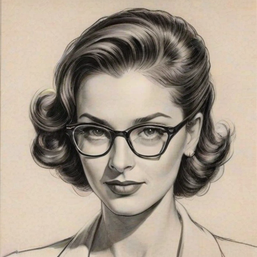 Exquisite America Olivo, pencil sketch, portrait of Sublime woman 1940s in glasses, hair style beatnik, outline, clear lines, fine lines, 8k