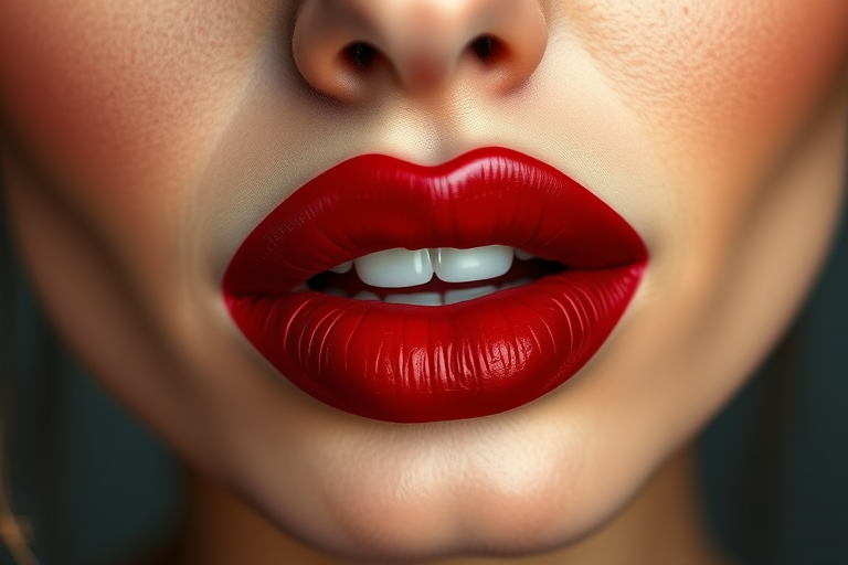 Stunning "Ruby Velvet" lips with a deep red matte finish, showcasing plump and defined contours, exuding sophistication and allure in a close-up portrait