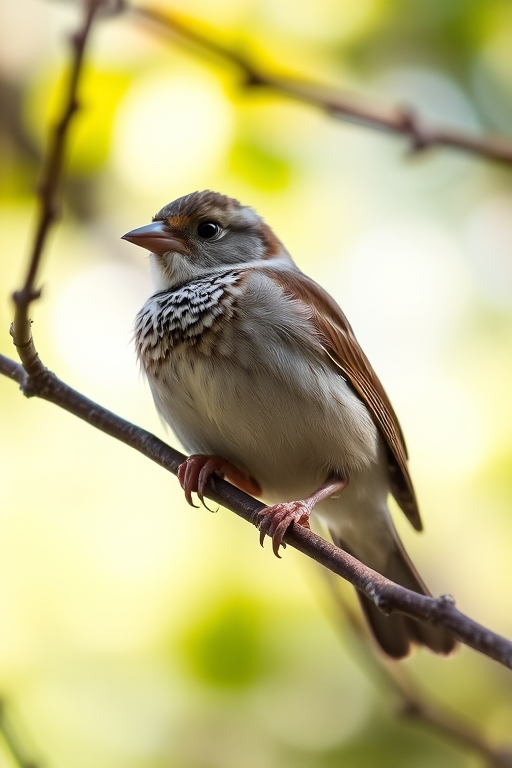 A close-up photograph of a sparrow perched on a branch, natural light, shallow depth of field, aperture f/2.8, shutter speed 1/200 sec, ISO 400, taken with a DSLR camera from a low angle to enhance background blur and focus on the bird.