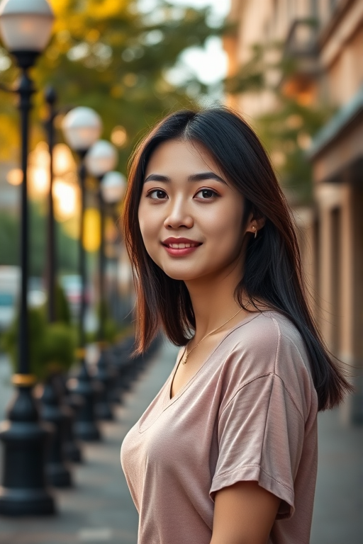 Capture a portrait of a young woman standing on a city street with lampposts and greenery in the background, using a DSLR camera with a 50mm lens, aperture set to f/1.8 for a shallow depth of field, ISO 200 for clarity, and a shutter speed of 1/200 to freeze motion, in bright natural light during the golden hour.