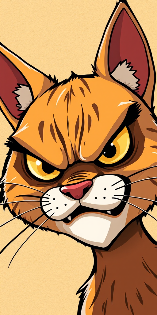 Create a detailed illustration of an angry cartoon cat face with exaggerated features, using a warm, textured beige background, shot with a DSLR camera at 50mm, f/2.8, ISO 100, in natural light for enhanced clarity and contrast.