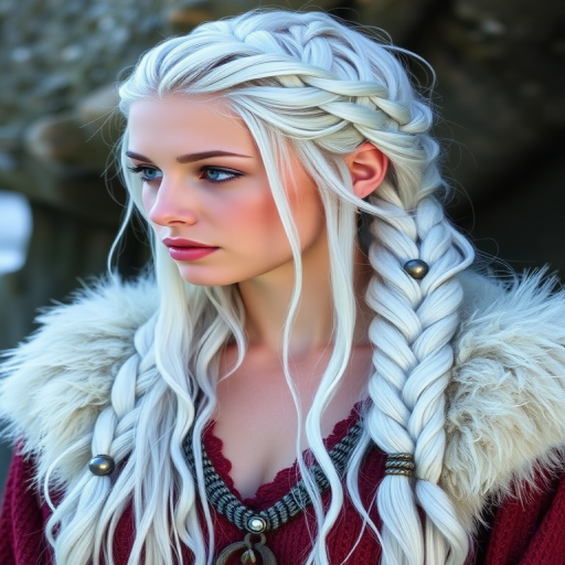 Silvery white waist-length hair with subtle blue undertones, styled in intricate Viking-inspired braids and adorned with metallic beads, embodying the spirit of a winter warrior called Frost Valkyrie