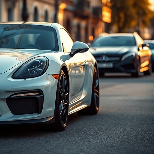 photograph of a white sports car parked on the street with a black car in the background, shallow depth of field, f/2.8 aperture, ISO 100, 50mm lens, full-frame camera, natural lighting, evening golden hour