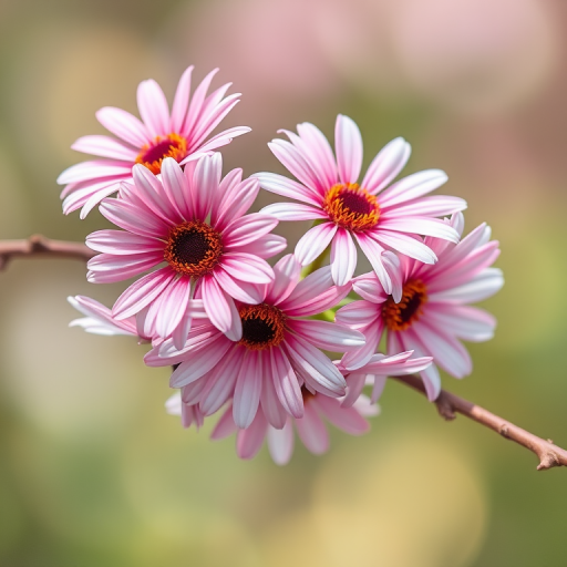 Create a high-resolution digital illustration of a branch with several pink and white daisies, using a macro lens to capture intricate details, at an aperture of f/2.8, ISO 100, and a soft focus background to enhance the floral subject.
