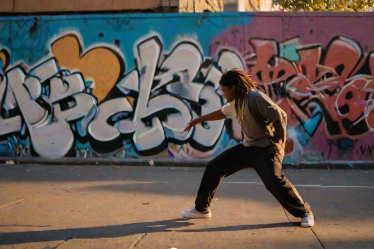 Blurry action shot of a street dancer performing in front of a graffiti-covered wall at dusk, soft golden light casting long shadows, with distant pedestrians watching from the sidewalk.