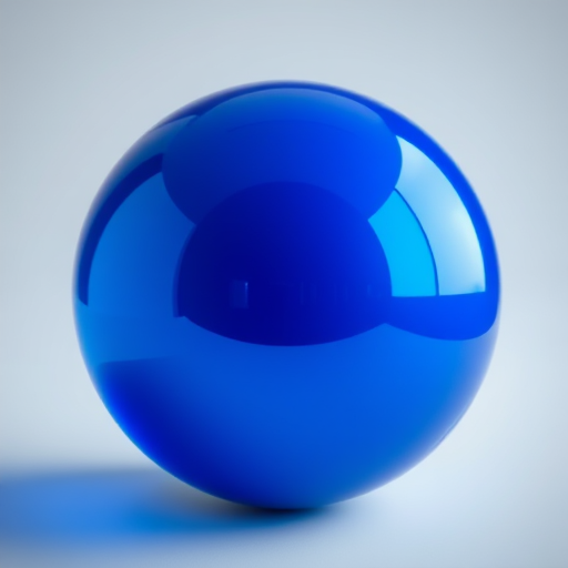 Create a highly detailed image of a shiny blue sphere with reflections, using a DSLR camera, focal length of 50mm, aperture f/2.8, ISO 100, in a softbox lighting setup, shot from a slightly elevated angle to highlight the curvature and shine.