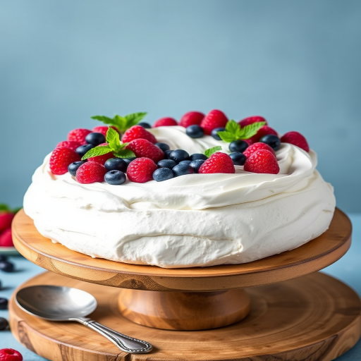 Create an image of a beautifully styled pavlova cake topped with fresh raspberries blueberries and mint leaves on a wooden cake stand with a soft blue background. The cake should have a light and fluffy meringue texture with whipped cream visible and a rustic silver serving spoon beside it.