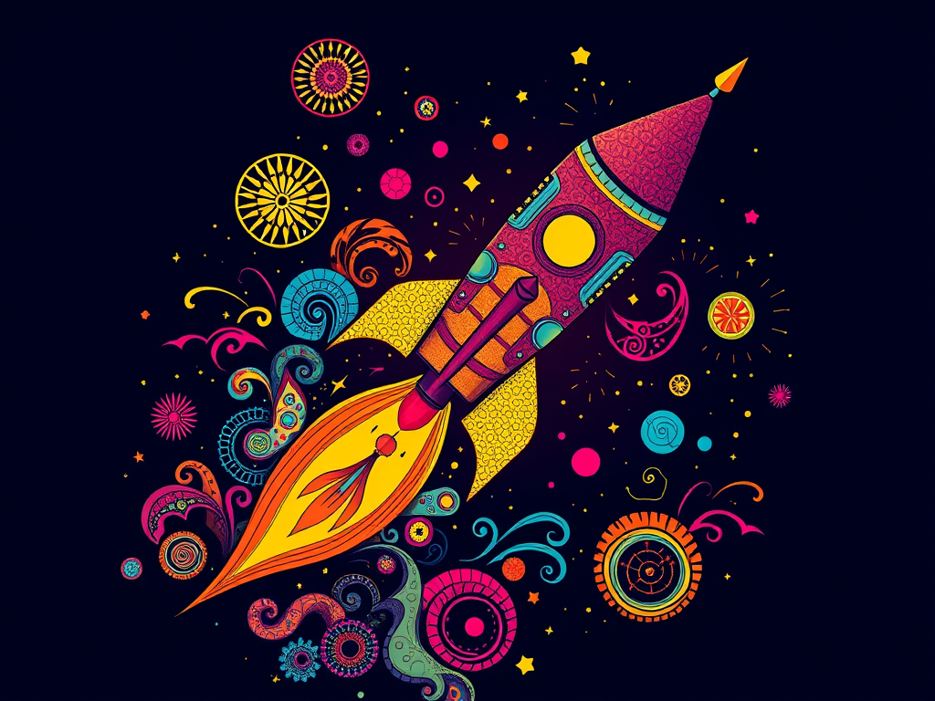 Create a vibrant and colorful illustration of a rocket blasting off with intricate patterns and designs, using a DSLR camera at f/8, ISO 100, 50mm lens, shot from an aerial view in high resolution.