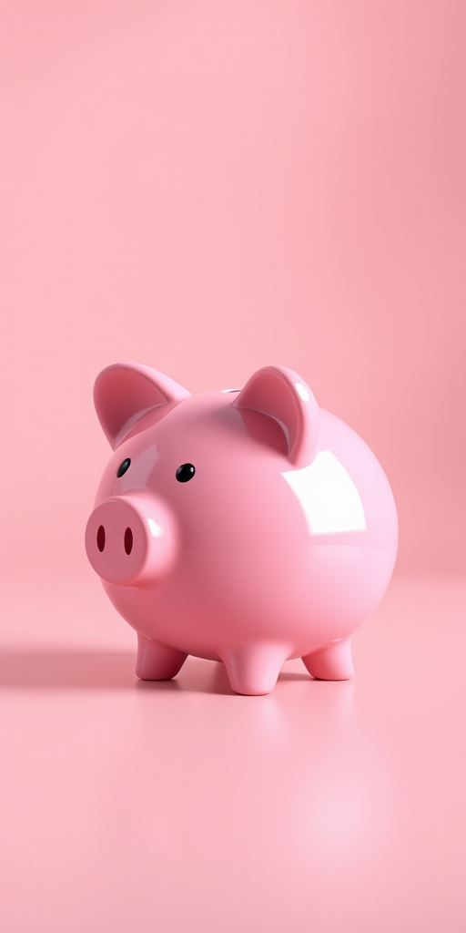 Generate a high-resolution 3D render of a glossy pink piggy bank positioned slightly to the right, using a Canon EOS R5, 50mm lens, f/2.8 aperture, 1/125s shutter speed, and soft natural lighting against a smooth gradient background.