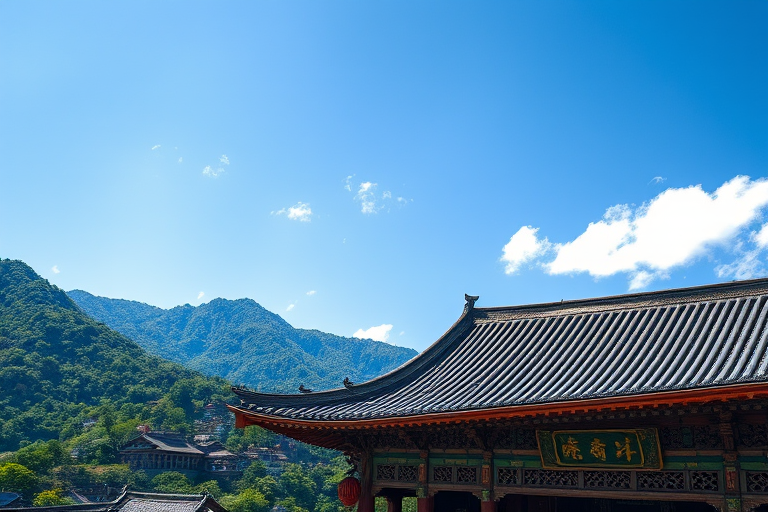 capture a detailed photograph of a traditional Asian temple roof with intricate detailing against a backdrop of lush green mountains under a bright blue sky, use a Canon EOS R5 with a 24-70mm f/2.8 lens at f/8, ISO 100, 1/250 sec, shoot from a high angle with a wide shot for depth and clarity
