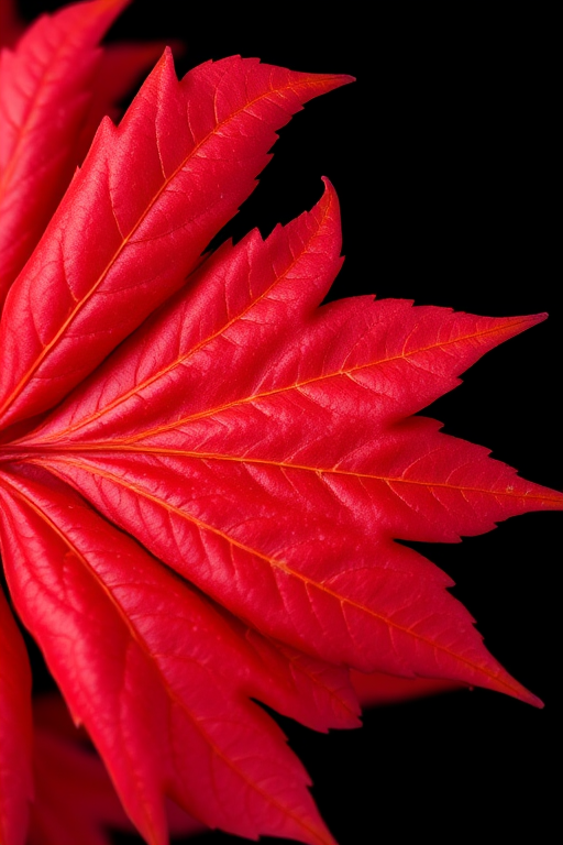 Regenerate a vibrant red maple leaf on a black background, using a DSLR camera with a macro lens at f/2.8 for shallow depth of field, 1/200 sec shutter speed, and ISO 100 for high detail and clarity, shot from a top-down view to highlight texture.