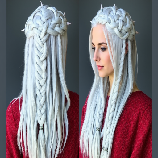 Silvery white waist-length hair with subtle blue undertones, styled in intricate Viking-inspired braids and adorned with metallic beads, embodying the spirit of a winter warrior called Frost Valkyrie