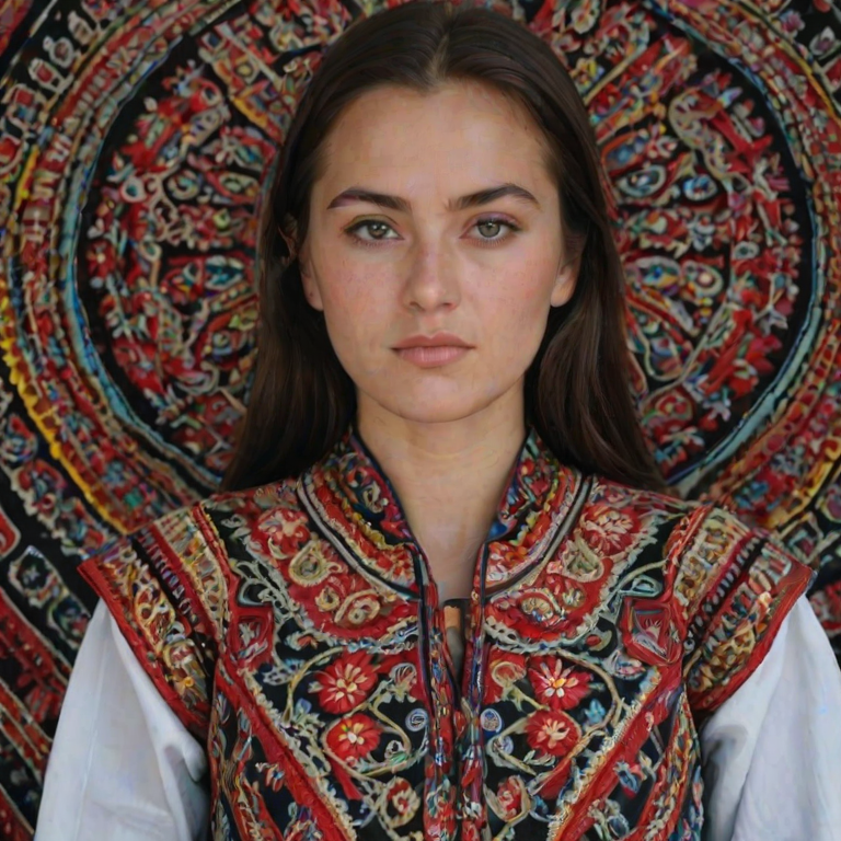 Face, shoulders, chest covered in openwork Tajik embroidery. Raw, unedited image.