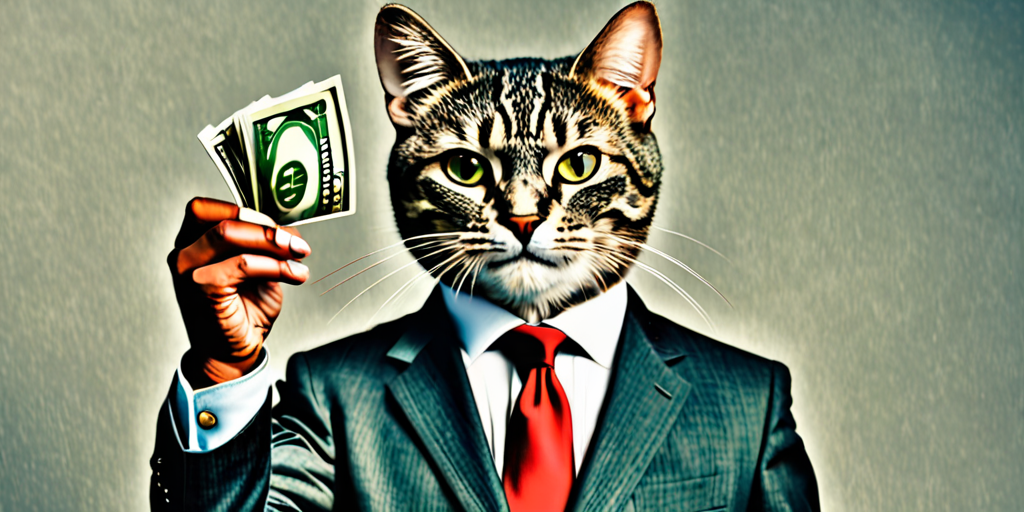 Anthropomorphic cat in a suit flaunting money
