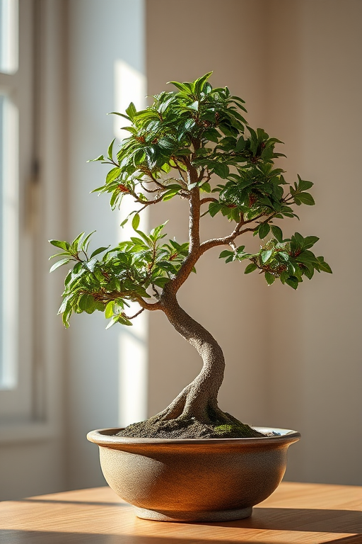 Bonsai tree in a ceramic pot, indoor setting, soft natural lighting, shallow depth of field, aperture f/2.8, ISO 100, focal length 50mm, taken with a DSLR camera, clean and minimalistic background.
