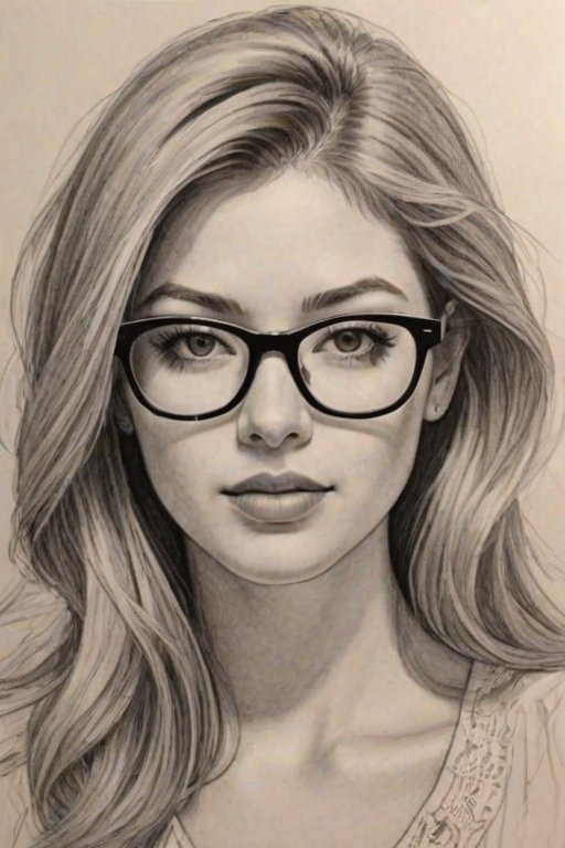 Attractive Elena Satine, pencil sketch, portrait of Resplendent woman 1973s in glasses, hair style beatnik, outline, clear lines, fine lines, 8k