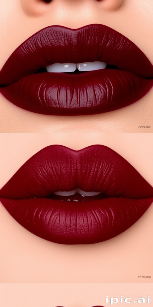 Sultry "Burgundy Wine" lips boasting a rich, dark red color with a satin finish, emphasizing a bold cupid's bow and fuller bottom lip