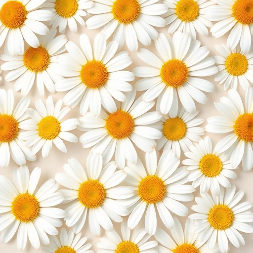 Create a seamless pattern of daisies with white petals and yellow centers on a light cream background, using a high-resolution digital camera with f/8 aperture, 50mm lens, shot from a top-down view, in a flat lay style for enhanced texture and clarity.