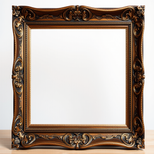 Create a high-resolution image of an ornate wooden picture frame with intricate gold and silver detailing; use a DSLR camera with a 50mm lens, aperture set to f/1.8, shutter speed at 1/125s, ISO 100, and a soft focus background to enhance the frame's texture and design.