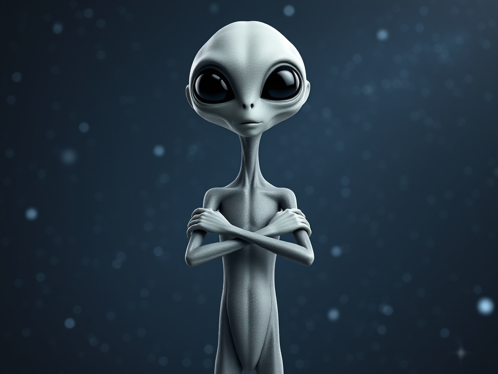Create a highly detailed 3D render of a slender alien figure with large black eyes and smooth gray skin standing in a relaxed pose with arms crossed, set against a high-resolution starry background, using a DSLR camera with a 50mm lens, f/1.8 aperture, ISO 100, and a softbox lighting setup for even illumination.