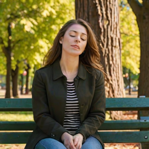 Woman sitting on a park bench, her head tilted back, eyes closed, basking in the warmth of the afternoon sun, surrounded by trees in full bloom.