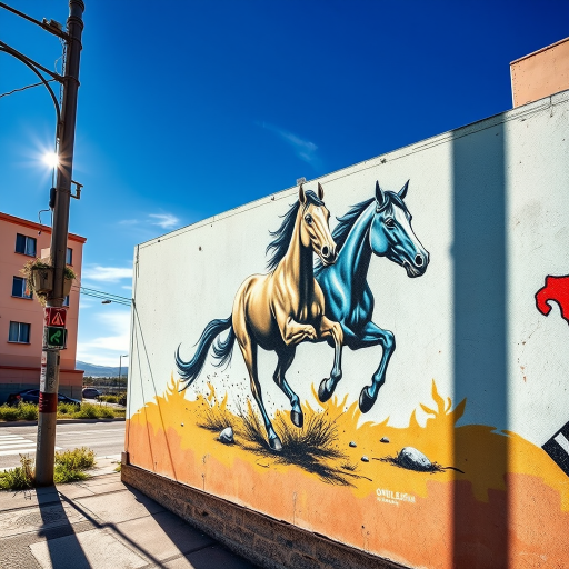 capture a vivid street art mural of two horses running along a wall, with a background of a clear blue sky and sunlit scene, taken with a DSLR camera, 35mm lens, aperture f/8, shutter speed 1/250s, ISO 200, high dynamic range for enhanced details