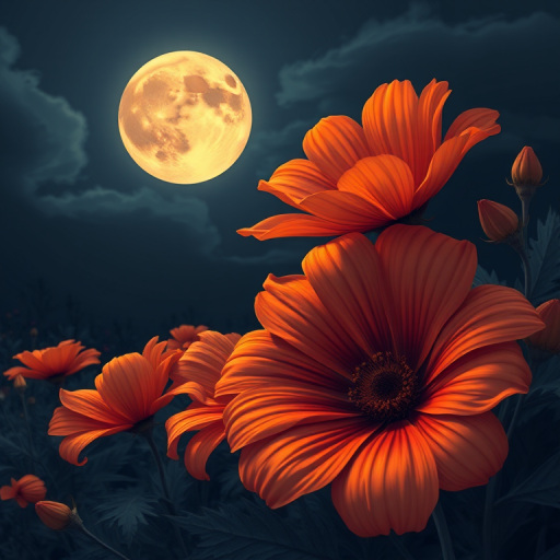 Create a vibrant illustration of large orange flowers in a dark, moody landscape featuring a full moon, with detailed textures in the petals and leaves, using a digital painting style, at a 50mm lens equivalent for sharp focus, f/8 aperture for depth of field, and soft lighting to enhance the colors and contrasts.
