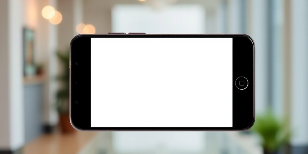 Create a high-resolution image of a modern smartphone with a blank screen, using a 50mm lens, f/1.8 aperture, ISO 100, and a focus distance of 1 meter in a well-lit environment, captured with a DSLR camera from a front-facing view.