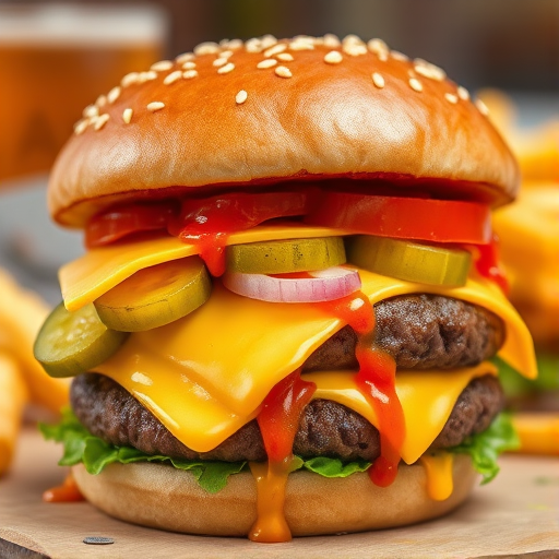 High-resolution, close-up image of a gourmet double cheeseburger. The burger features a glossy, sesame-seed-topped brioche bun. Inside, there are two thick, juicy beef patties, each topped with melted cheddar cheese. The burger is garnished with fresh lettuce, tomato slices, diced onions, and pickles. A generous amount of ketchup and a creamy, orange-colored sauce is dripping down the sides, adding to the mouth-watering appeal. In the background, there are blurred elements including a side of golden French fries and a hint of a beverage, enhancing the overall presentation of a delicious meal.