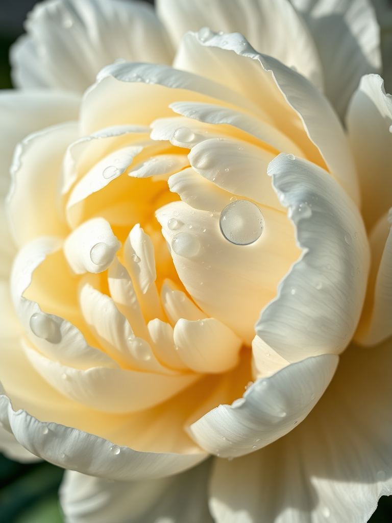 macro shot of a large white peony flower with delicate petals and water droplets on its surface, soft natural lighting, f/2.8 aperture, ISO 200, 100mm lens, close-up perspective, DSLR camera, vibrant color contrast, high detail