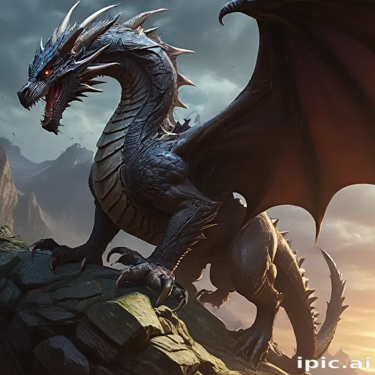 Majestic Dragon Perched on a Rocky Cliff Under Dramatic Sky