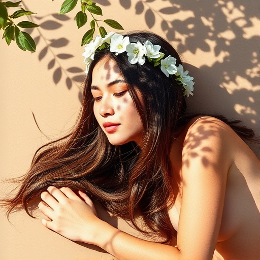 create a watercolor painting of an ethereal portrait of beautiful Mapuche woman with a simple white flower crown on her head. Her hair is long and she is lying on the ground. The sunlight on the trees casts shadows from the leaves on her face and body. The background is a neutral brown color that matches her skin tone. The image is minimalist and solid colors. This style is characterized by soft, delicate brushstrokes and a light, airy, contrasting color palette. High level of detail and play of light