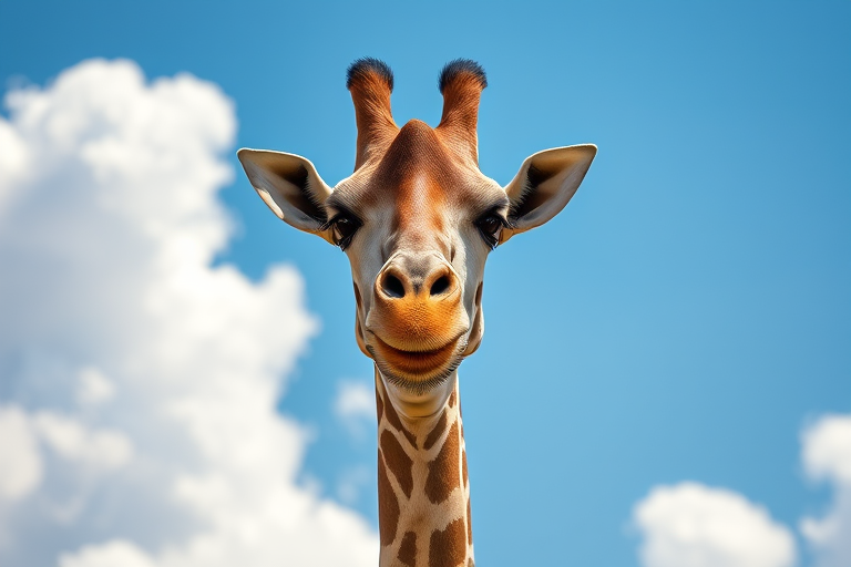 A close-up of a giraffe against a bright blue sky with fluffy clouds, captured with a Canon EOS 5D Mark IV, 50mm lens, aperture f/2.8, ISO 100, shutter speed 1/2000s, natural light, shallow depth of field.