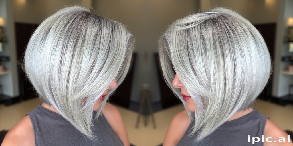 Sophisticated silver fox bob with a sleek side part, featuring icy platinum streaks and a glass-like shine for a polished and timeless look