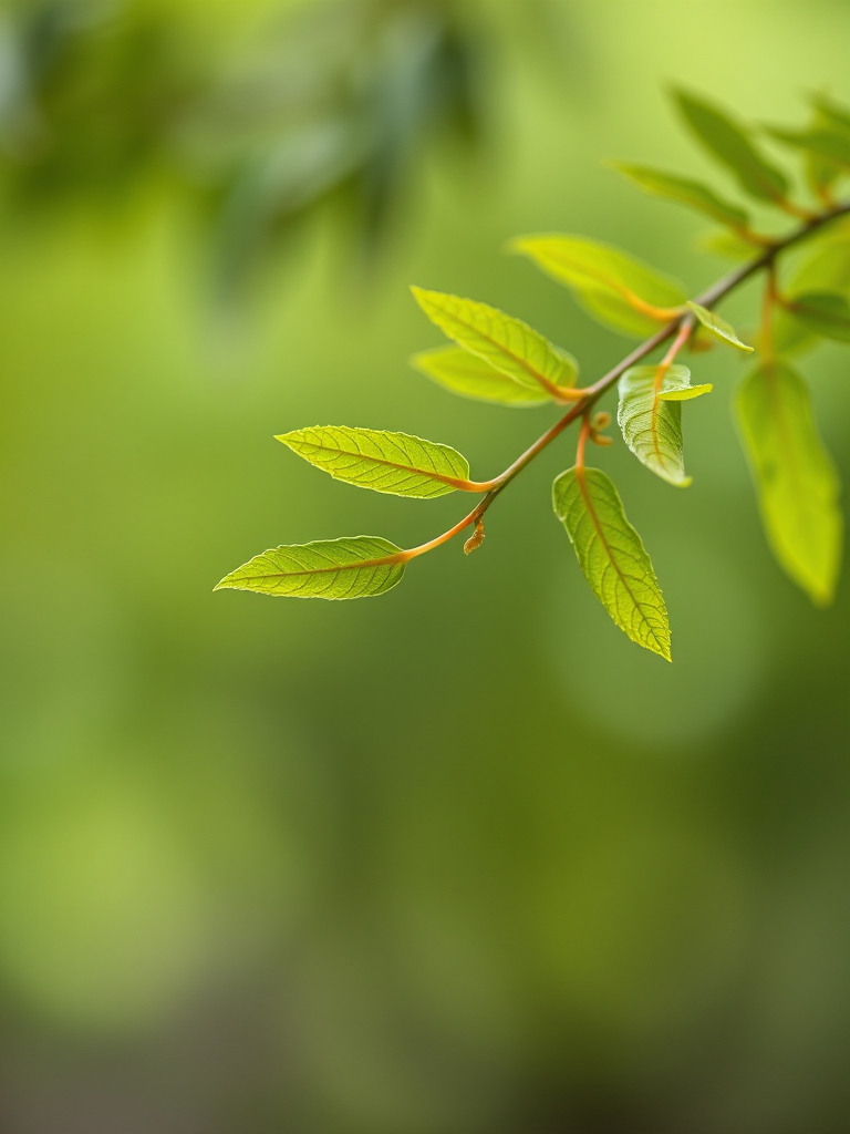 Regenerate an image of a green leaf branch against a soft blurred background, using a Canon EOS 5D Mark IV, aperture f/2.8, shutter speed 1/200, ISO 200, macro view, natural light.