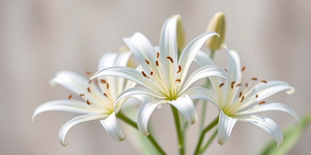 Close-up of white spider lilies with delicate petals against a soft blurred background, taken with a Canon EOS 5D Mark IV, 85mm f/1.8 lens, aperture f/2.8, ISO 200, natural light, focus on the flowers.