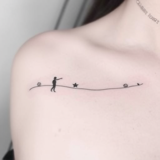 Minimalist line art tattoo named "Whispered Secrets" consisting of delicate continuous lines forming subtle silhouettes and hidden symbols in a soft gray ink for a subtle elegant look