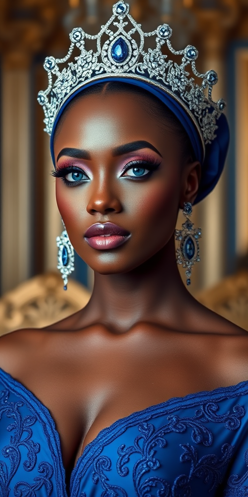 A gorgeous Yoruba woman in a luxurious blue gown, accessorized with a dazzling tiara and statement earrings, her deep blue eyes highlighted by impeccable makeup, poised in a royal setting, photorealistic, 8K quality