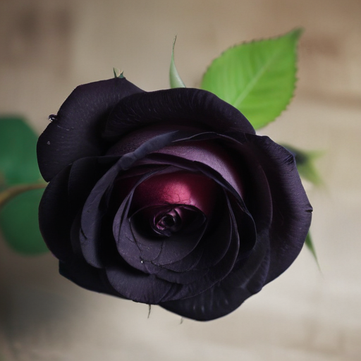 Elegant Black Rose with Deep Purple Hues and Lush Green Leaves