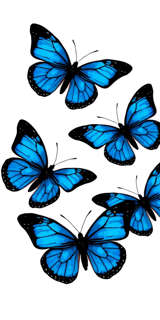 Generate an image of four blue butterflies with black outlines against a simple white background. The butterflies should be positioned in a scattered arrangement, showcasing their wings spread open.
