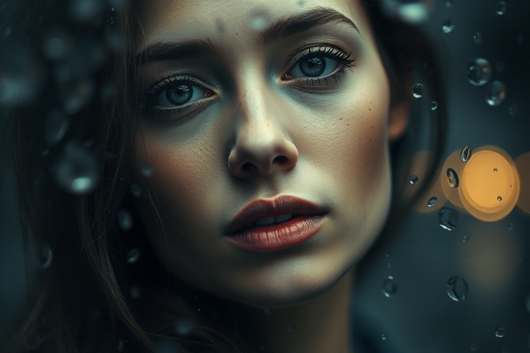 Regenerate an abstract portrait of a woman's face partially obscured by raindrops and digital elements, using a DSLR camera with a 50mm lens, f/1.8 aperture, ISO 100, 1/125 sec exposure, in soft focus with muted colors and high contrast, capturing a cinematic style with a shallow depth of field.