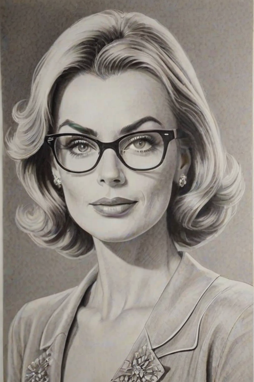 Dazzling Eileen Davidson, pencil sketch, portrait of Charming woman 1955s in glasses, hair style beatnik, outline, clear lines, fine lines, 8k