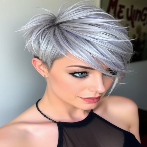 Striking silver fox pixie cut with choppy layers and a dramatic swept-back fringe, featuring metallic blue streaks named "Moonlight Serenade" radiating wisdom and grace
