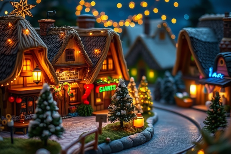 A whimsical village scene during the holiday season featuring cozy thatched-roof houses adorned with colorful lights and decorations surrounded by small trees and glowing lanterns creating a warm and enchanting atmosphere with a soft focus effect.