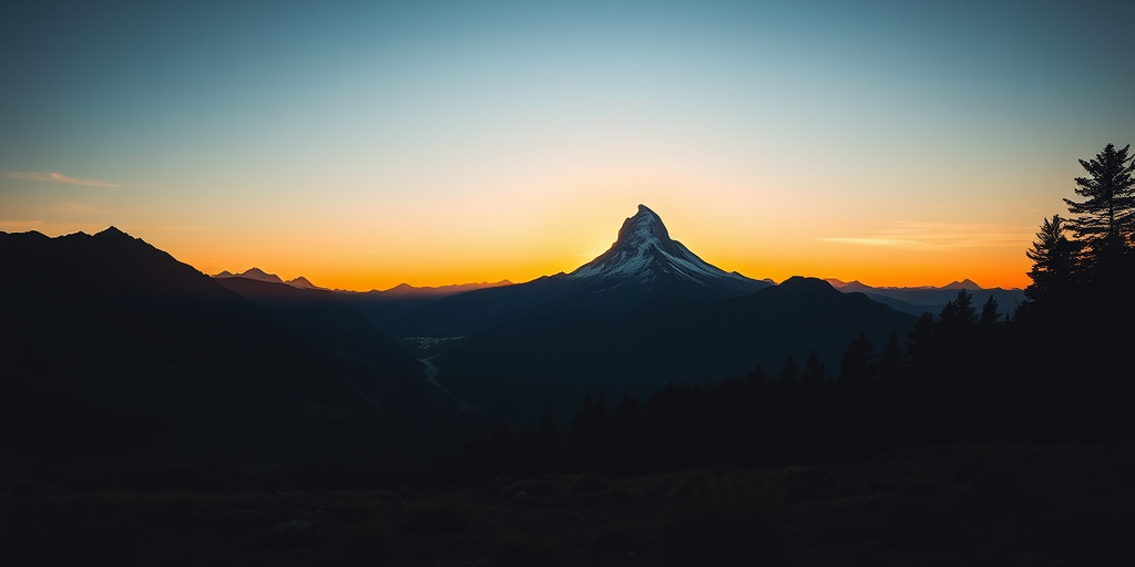 Create an image featuring a silhouette of a mountain landscape at sunrise, captured with a Canon EOS R5 camera, ISO 100, f/8 aperture, 1/125 shutter speed, shot from a wide-angle view with a landscape photography style.